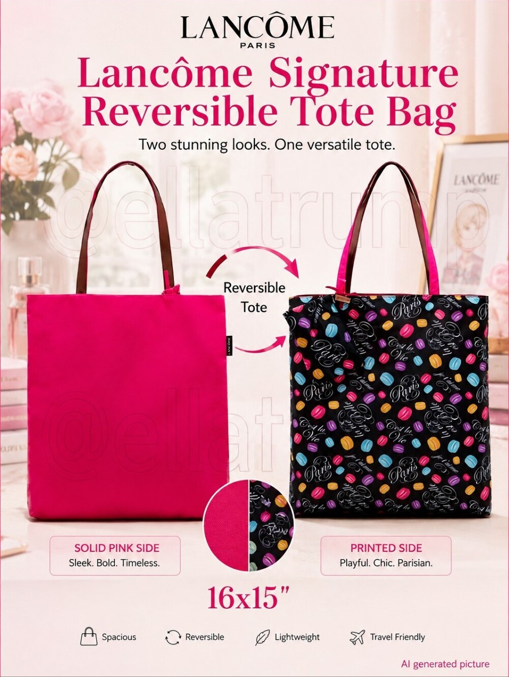 Lancôme Signature Reversible Tote Bag (solid pink/printed)